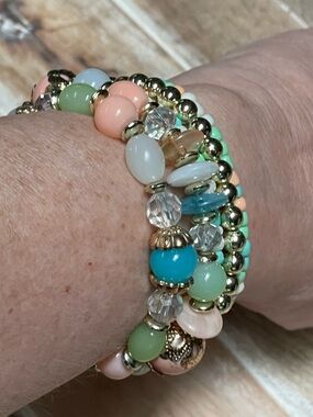 Pastel, Turquoise, Aqua, Green, Pink & Gold Multi-Strand Stretch Bracelet